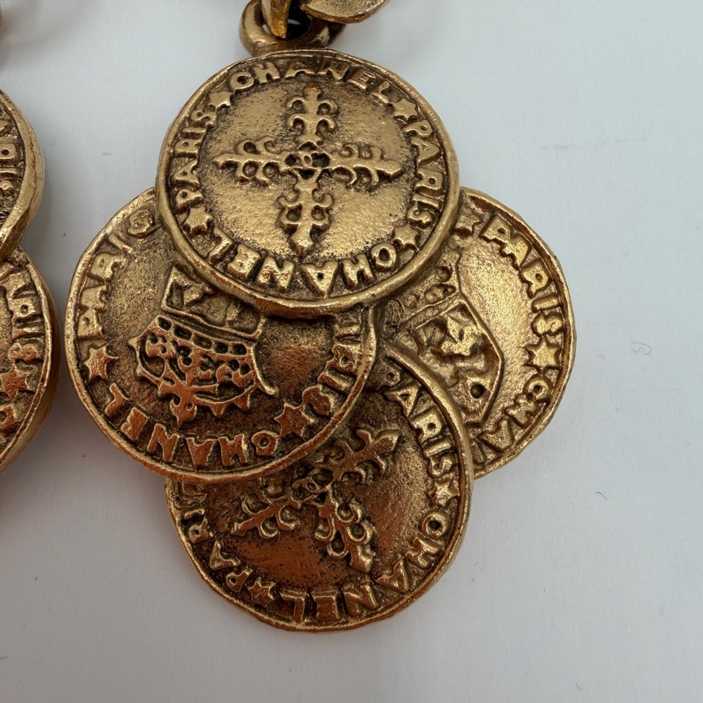 CHANEL Gold Metal Coin Medallion Drop Earrings, Signed 28 - Picture 12 of 14